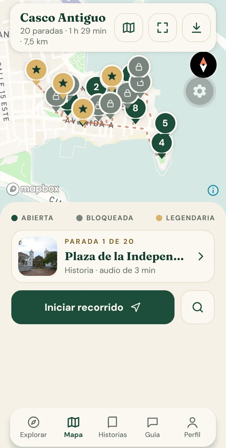 Pantalla del mapa del Casco Antiguo con las paradas marcadas y el botón Iniciar recorrido