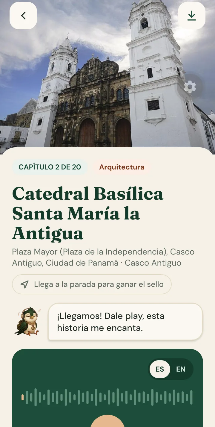 Pantalla de Touri con la historia de la Catedral Basílica Santa María la Antigua y su reproductor de audio