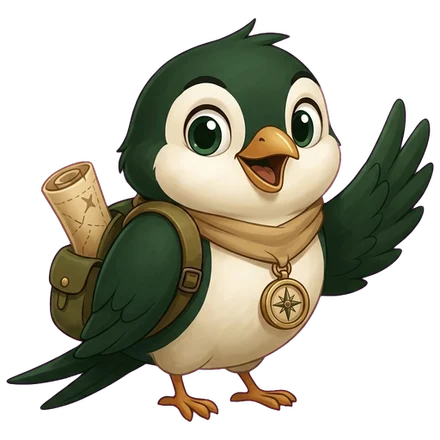 Touri, el pajarito verde con bufanda y brújula, saludando